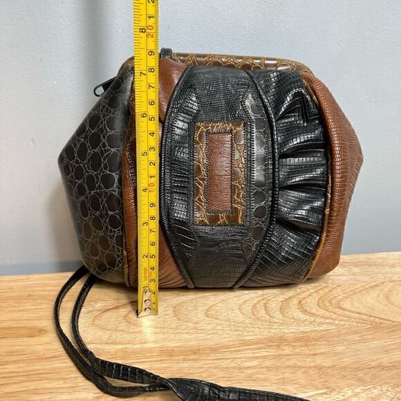 Vintage Crossbody Purse, Patchwork Embossed Genuine Leather, Brown & Black Bag - Picture 2 of 13